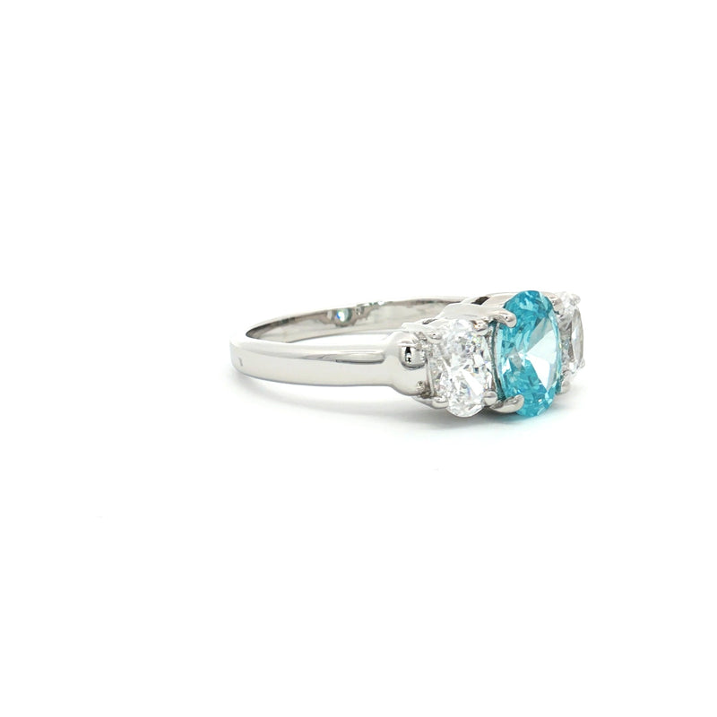 Oval Cut Three Stone Ring with Aqua Marine Centre Stone