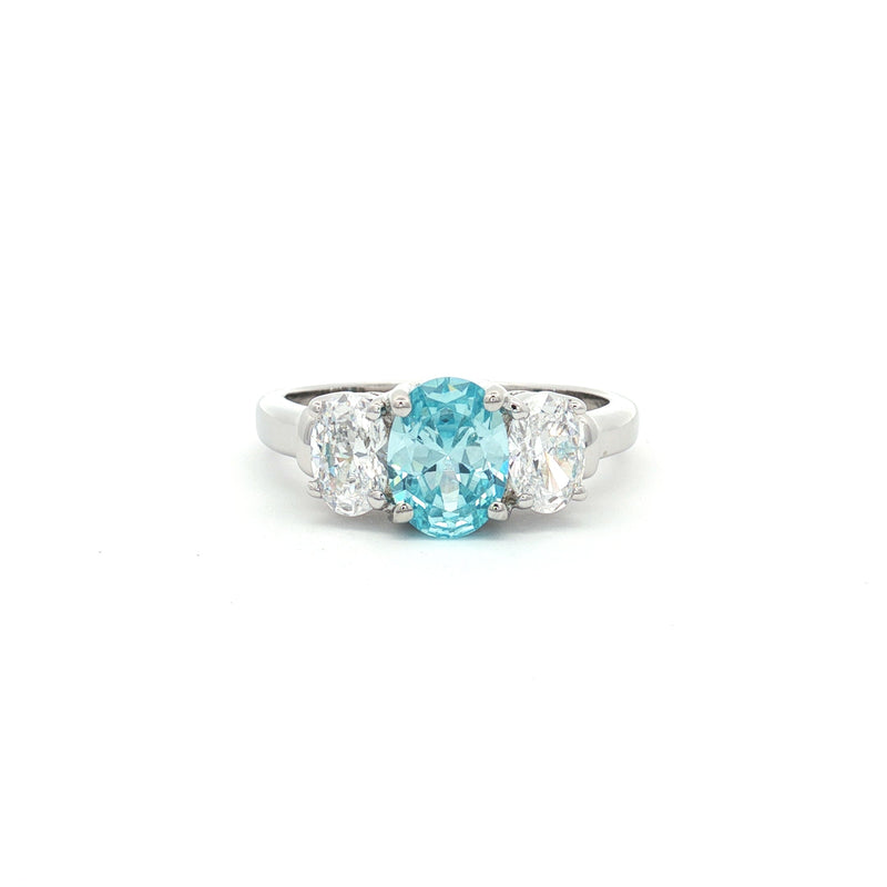 Oval Cut Three Stone Ring with Aqua Marine Centre Stone
