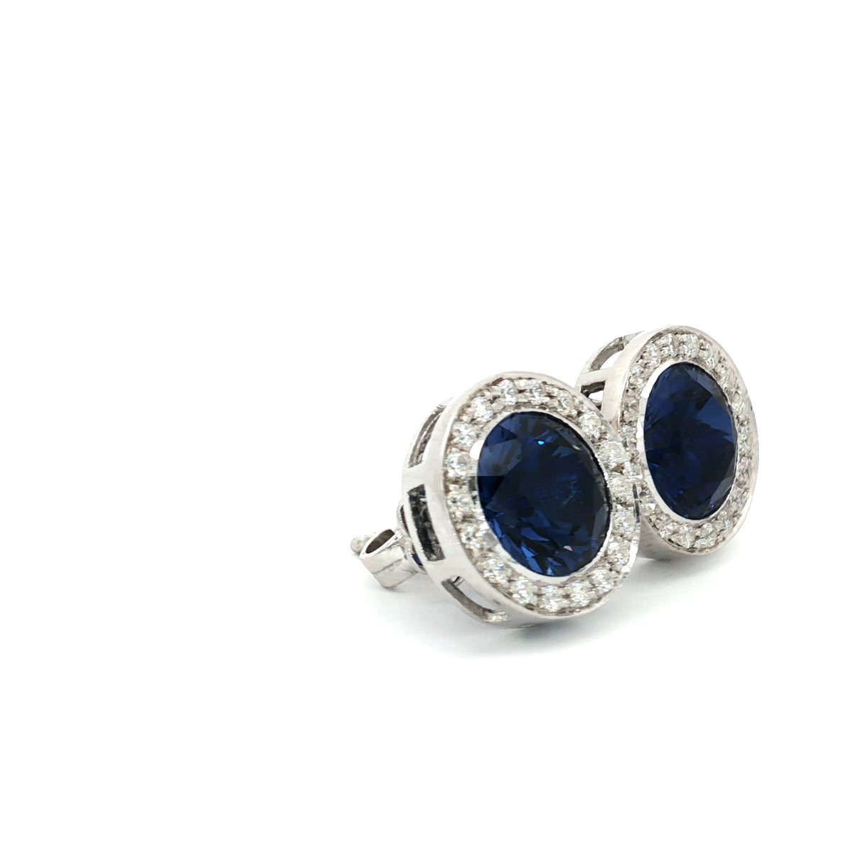 Round Halo Stud Earrings with Sapphire Stone