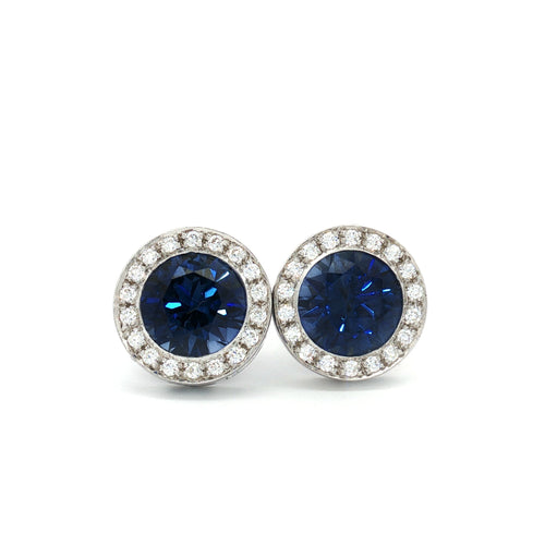 Round Halo Stud Earrings with Sapphire Stone