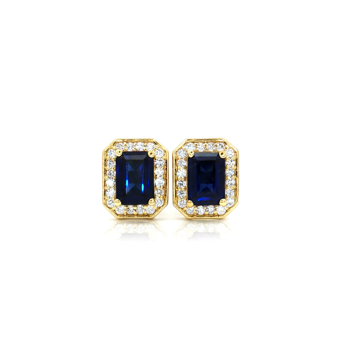 Emerald Cut Halo Stud Earrings with Sapphire in Yellow
