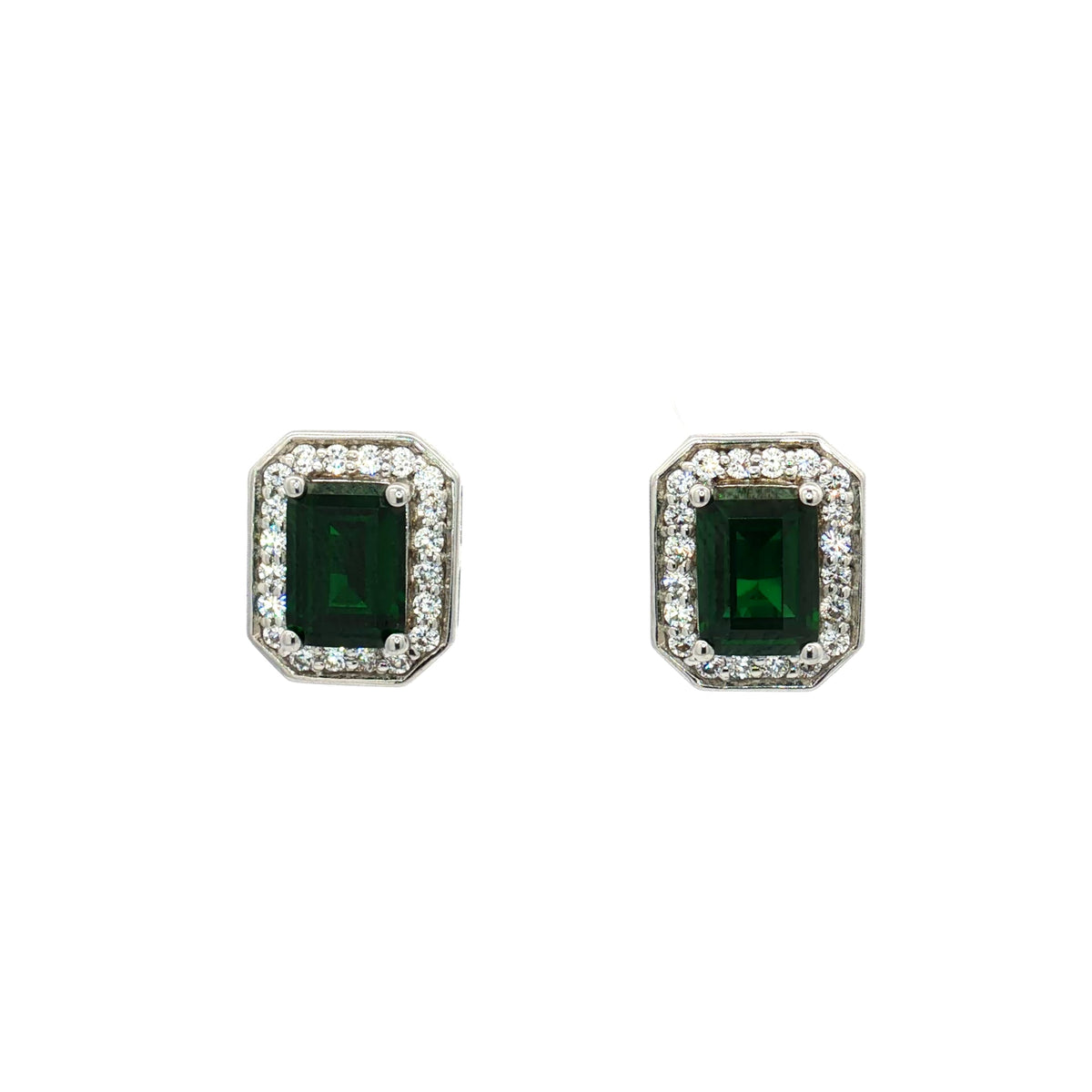 Emerald Cut Halo Earrings with Emerald Stone