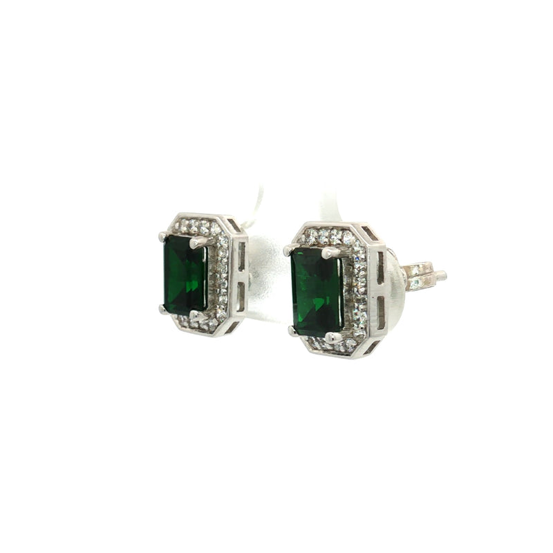 Emerald Cut Halo Earrings with Emerald Stone