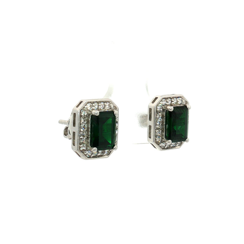 Emerald Cut Halo Earrings with Emerald Stone