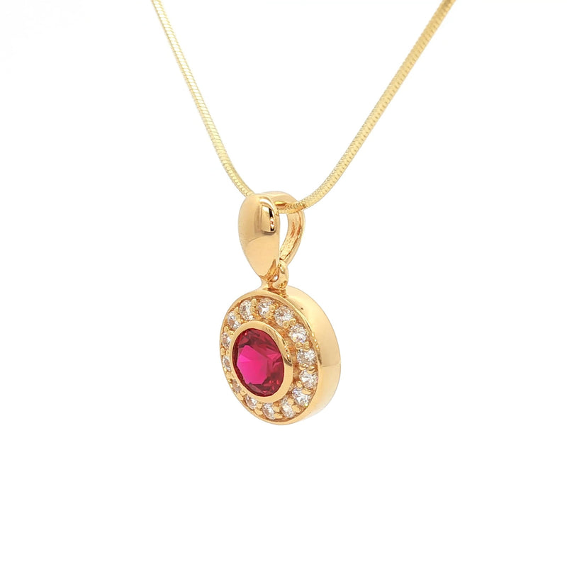 The Bezel Set Halo Pendant with a Ruby in Yellow