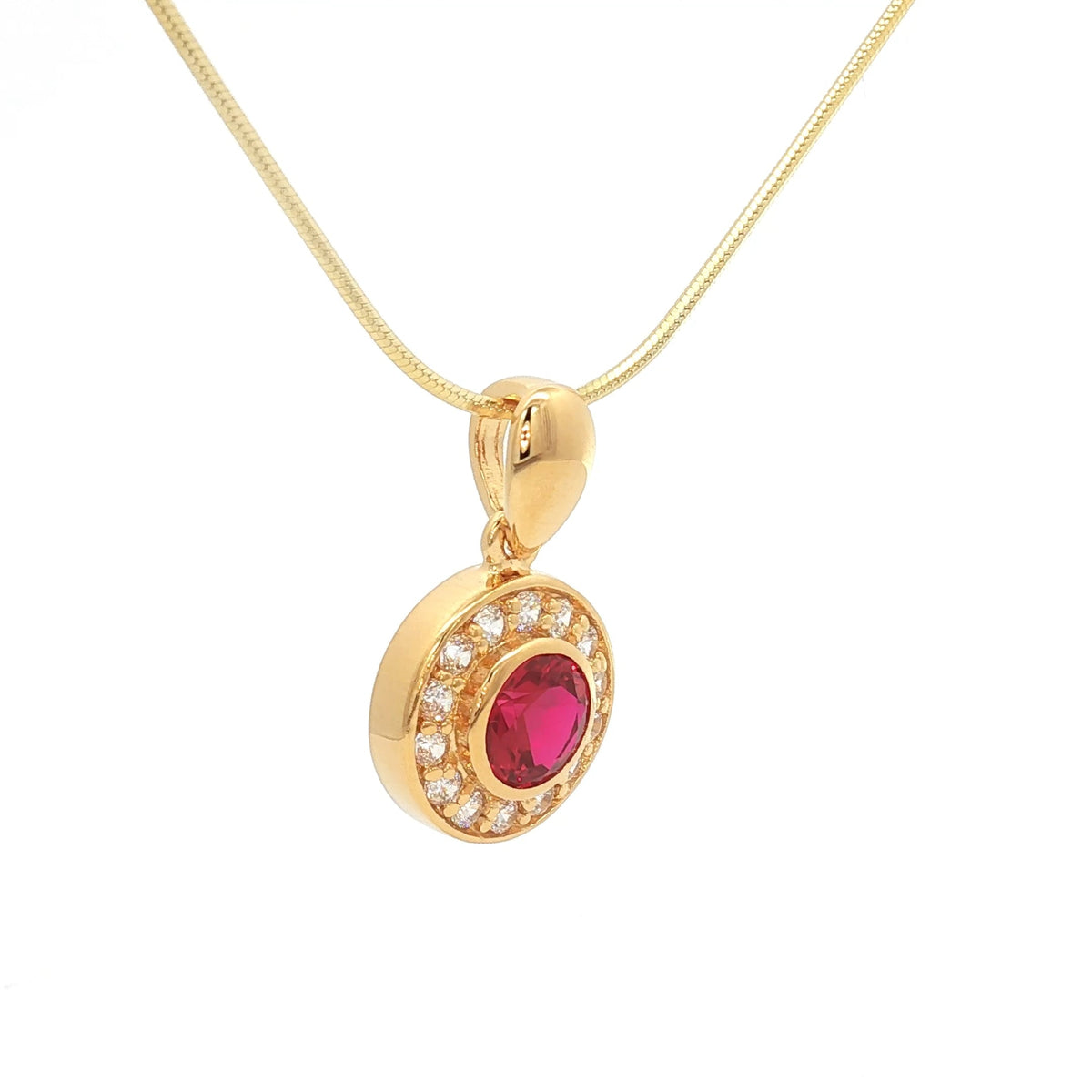 The Bezel Set Halo Pendant with a Ruby in Yellow