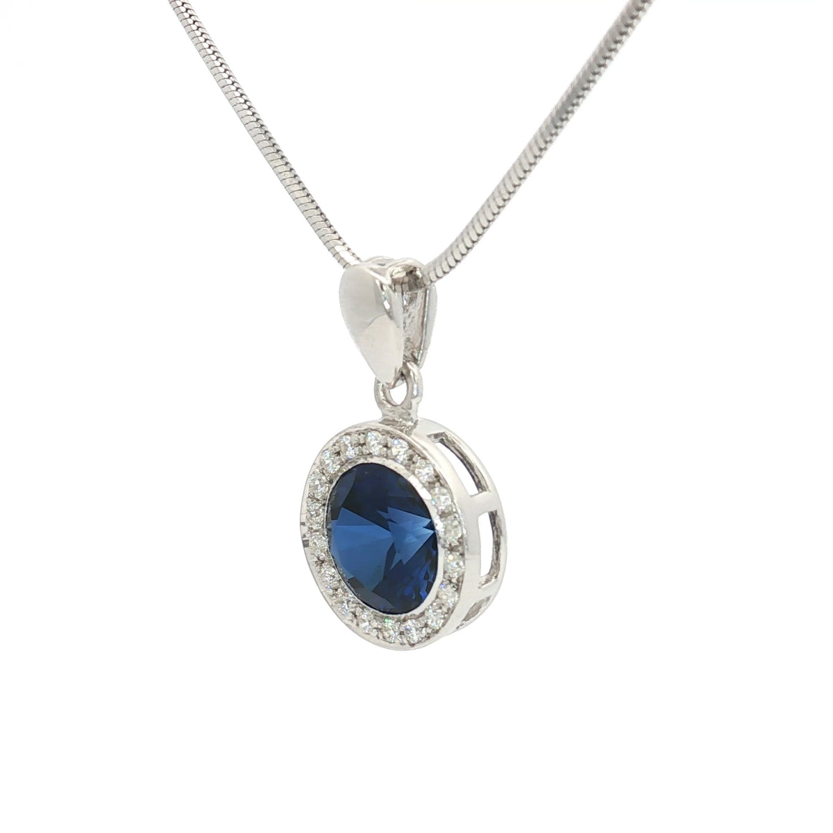 The Round Halo Pendant with a Sapphire