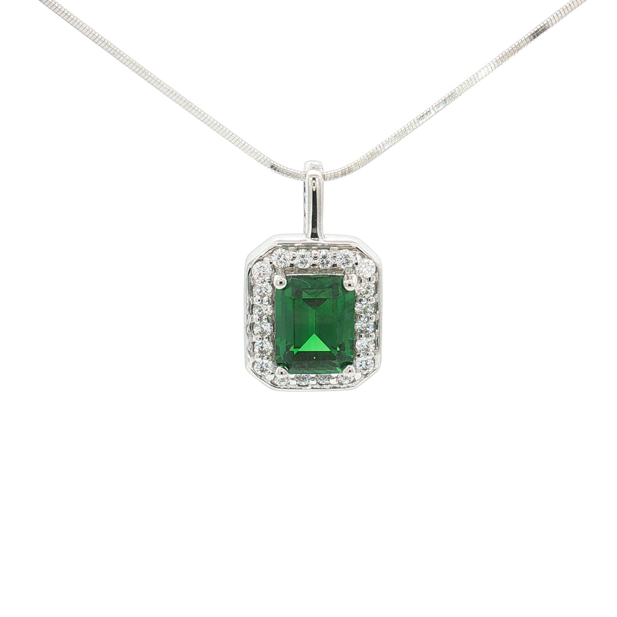 The Emerald Cut Halo Pendant with Emerald
