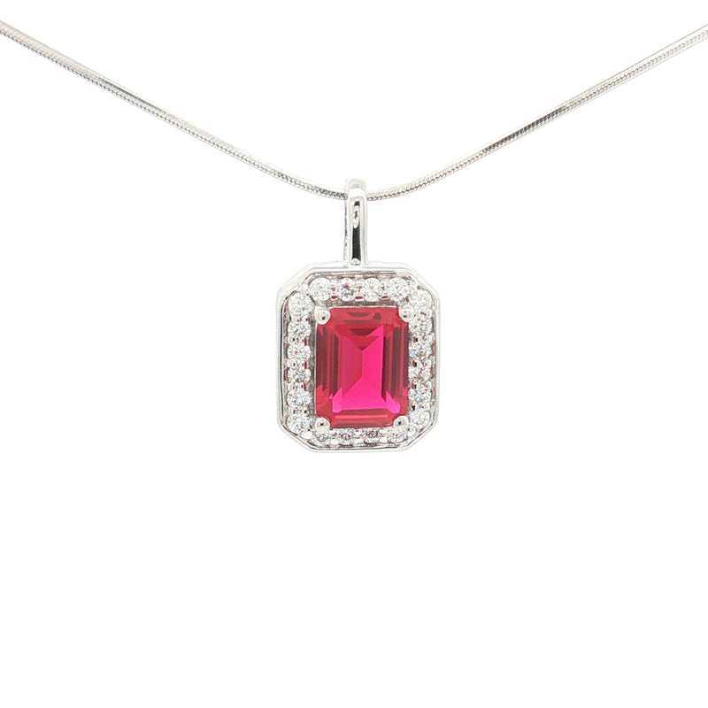 The Emerald Cut Halo Pendant with a Ruby