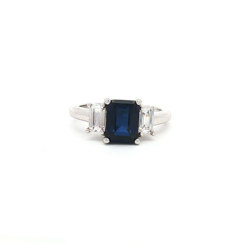 Baguette Cut Three Stone Ring with Sapphire Centre Stone