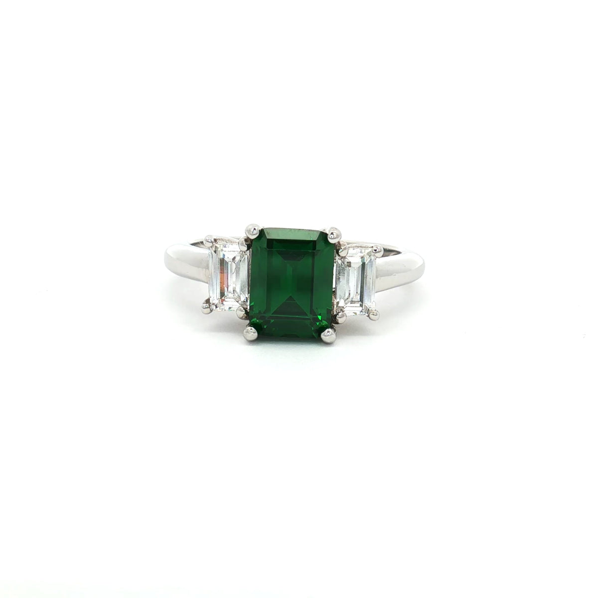 Baguette Cut Three Stone Ring with Emerald Centre Stone