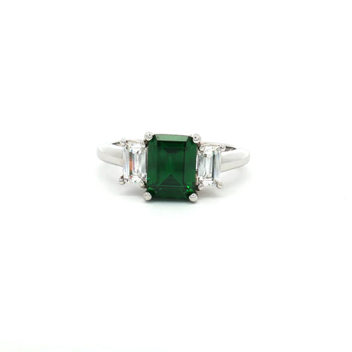 Baguette Cut Three Stone Ring with Emerald Centre Stone