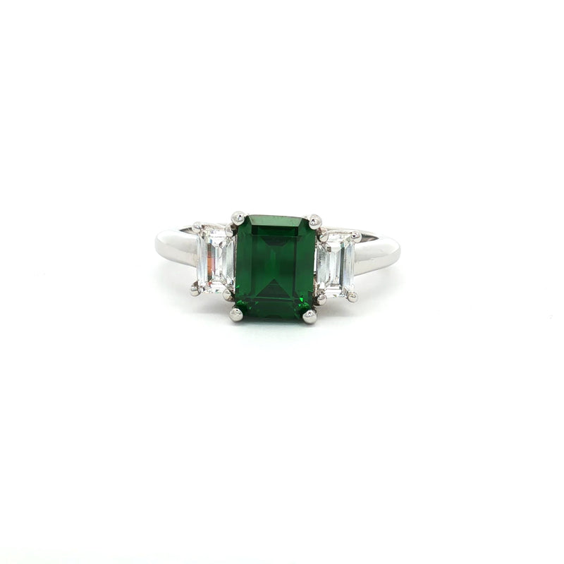 Baguette Cut Three Stone Ring with Emerald Centre Stone