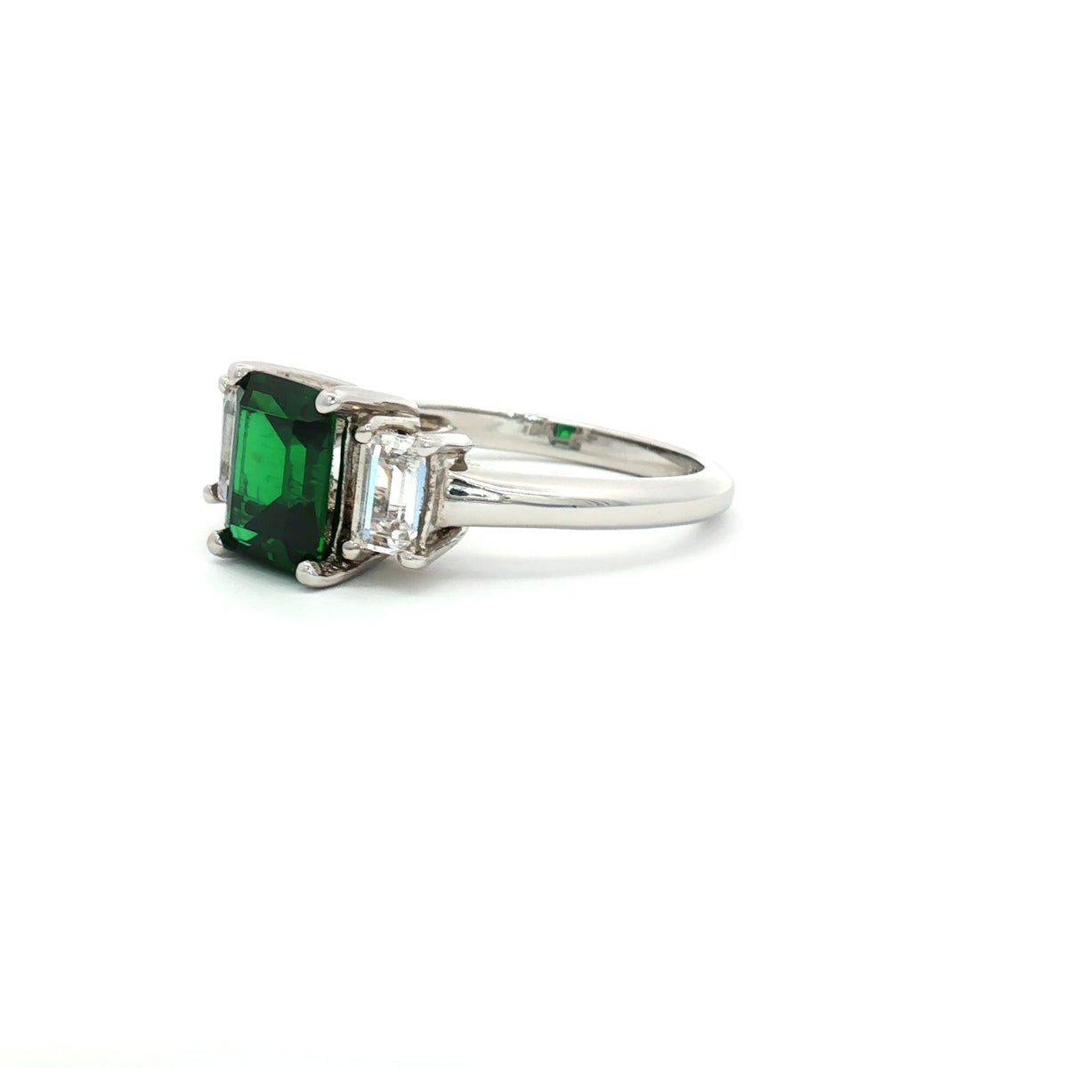 Baguette Cut Three Stone Ring with Emerald Centre Stone