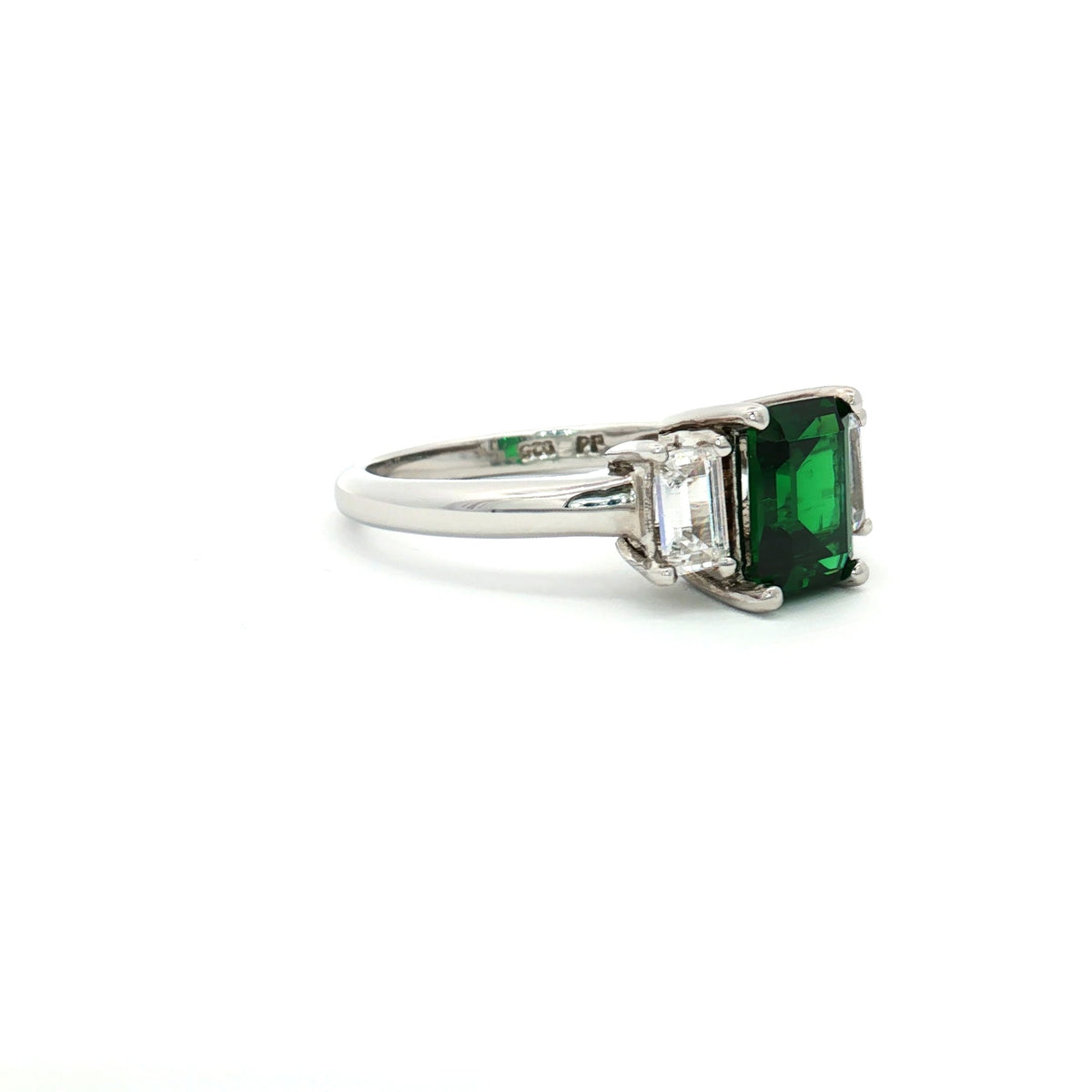 Baguette Cut Three Stone Ring with Emerald Centre Stone