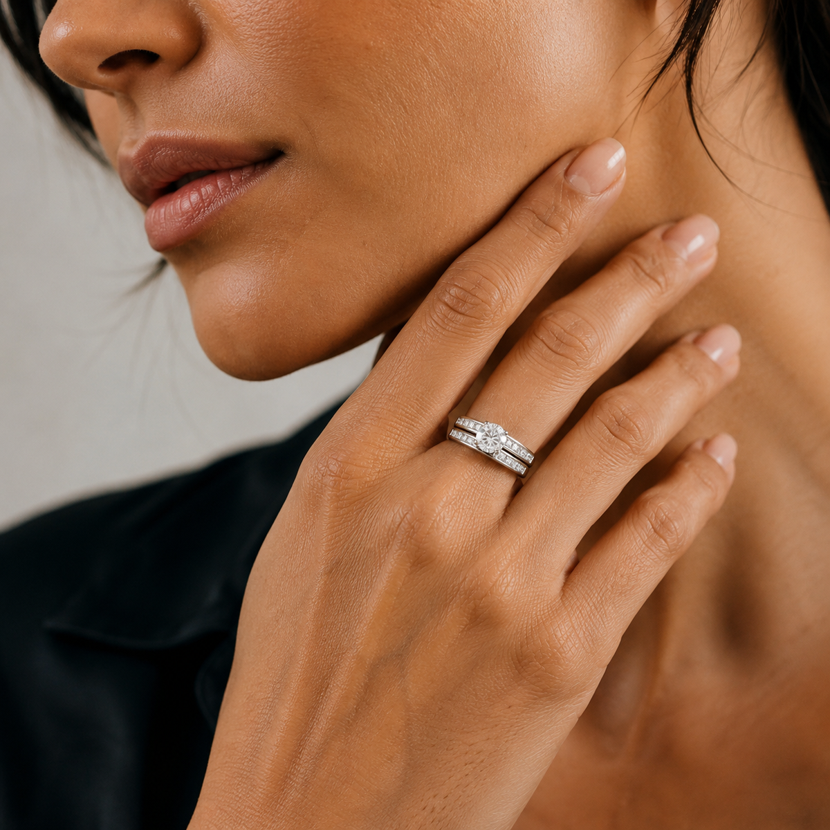 Brilliant Cut Solitaire Ring with Princess Cut Channel Setting and Matching Band