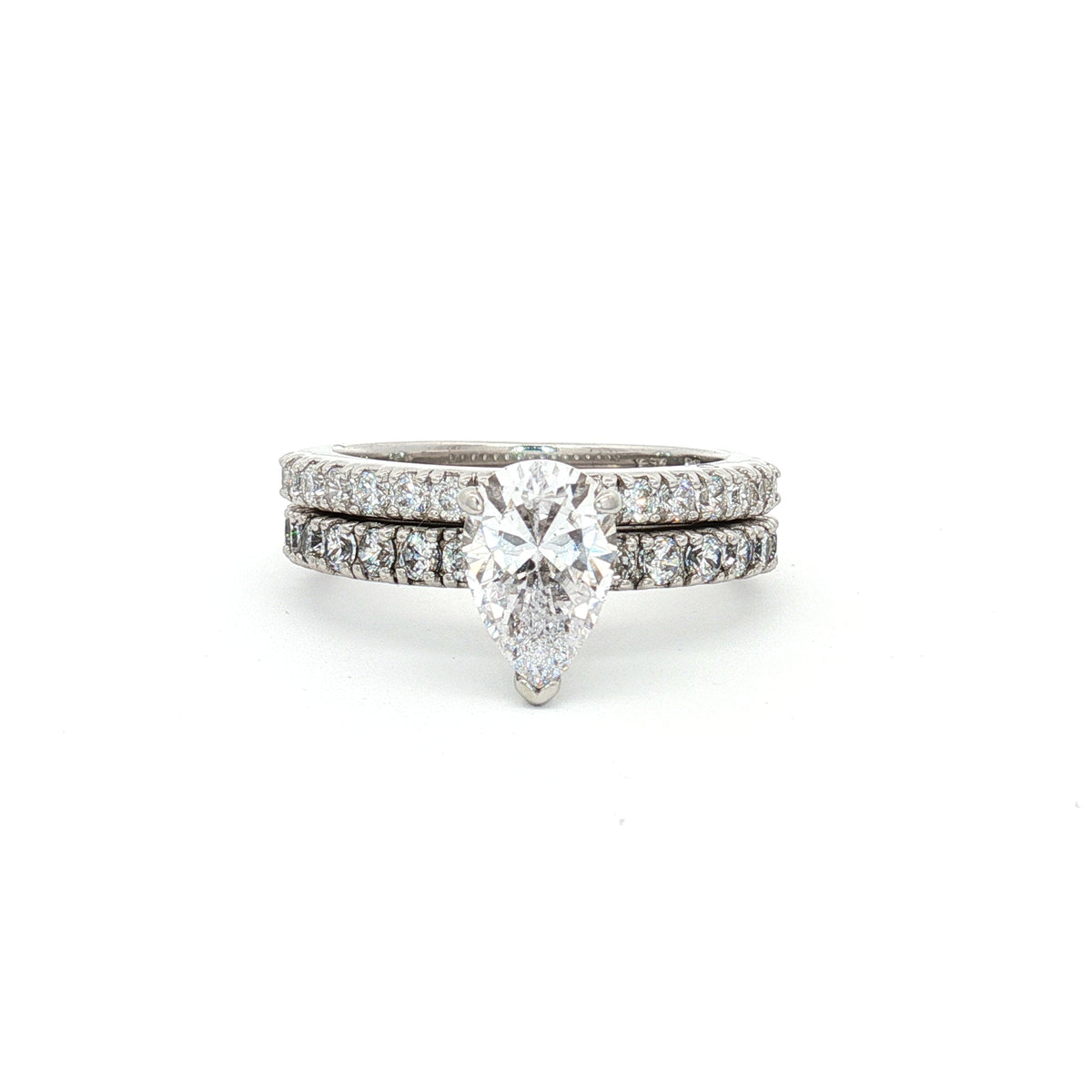Teardrop Cut Solitaire Ring with Pave Setting and Half Eternity Band