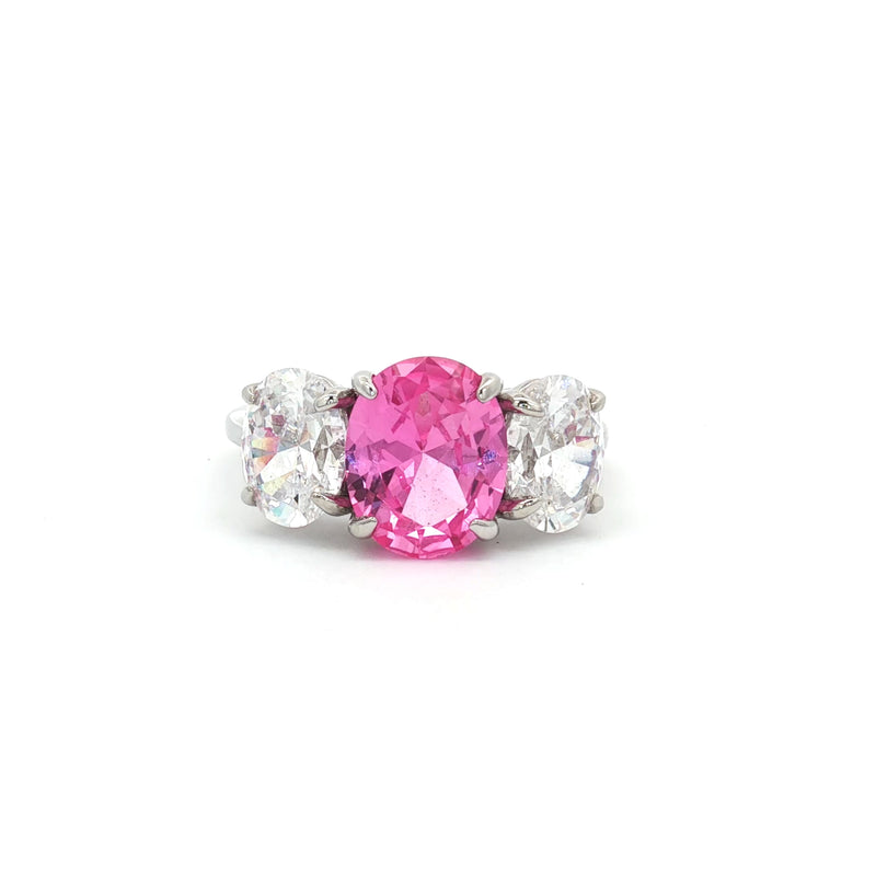 Large Three Stone Oval with Pink  Centre Stone