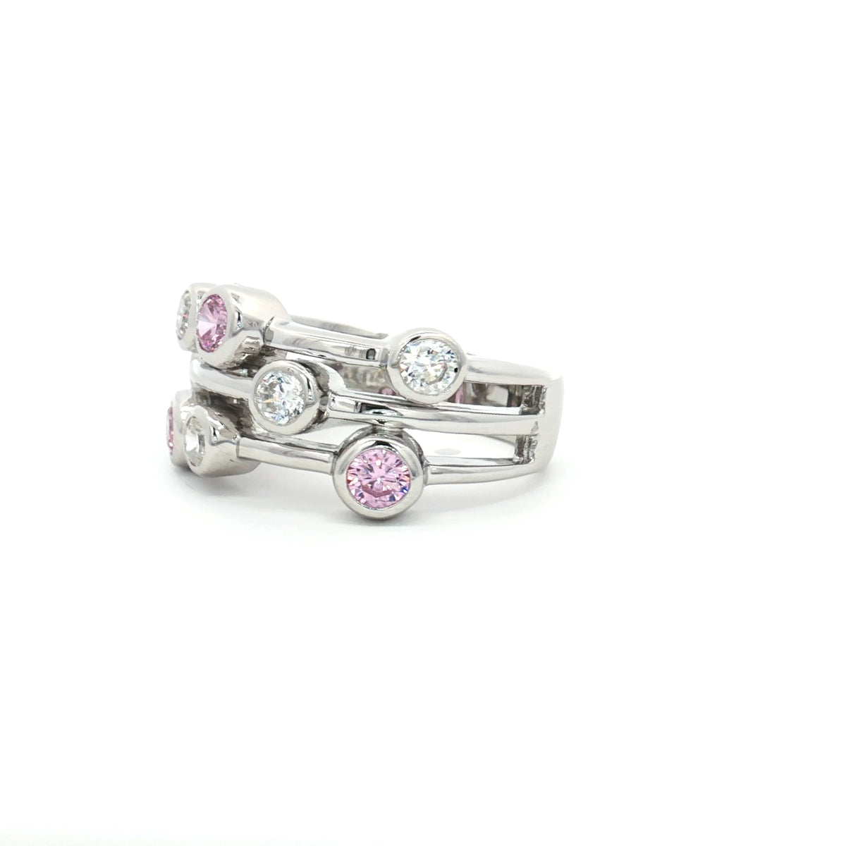 Bubble Brilliant Bezel Set Dress Ring with Pink Stones