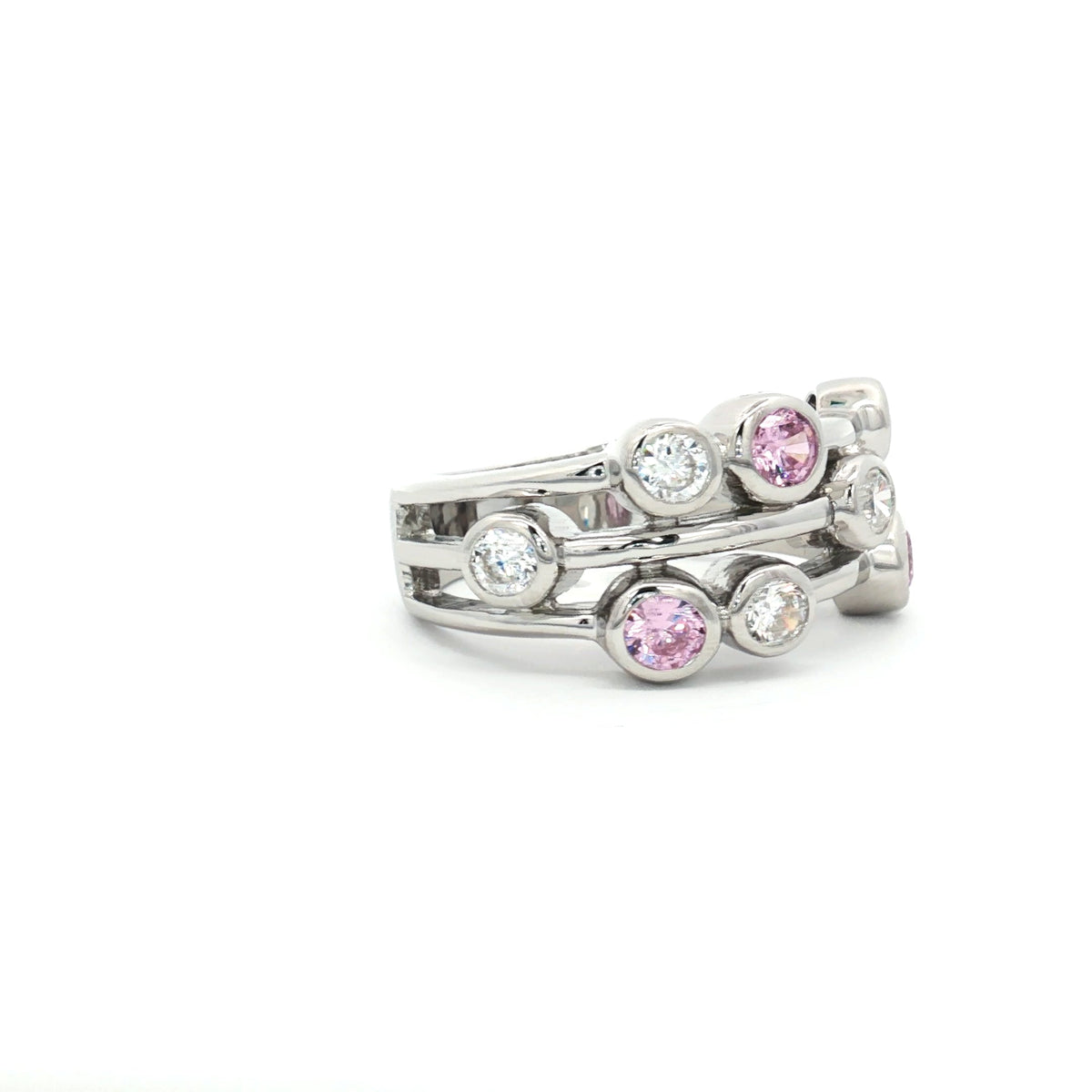 Bubble Brilliant Bezel Set Dress Ring with Pink Stones