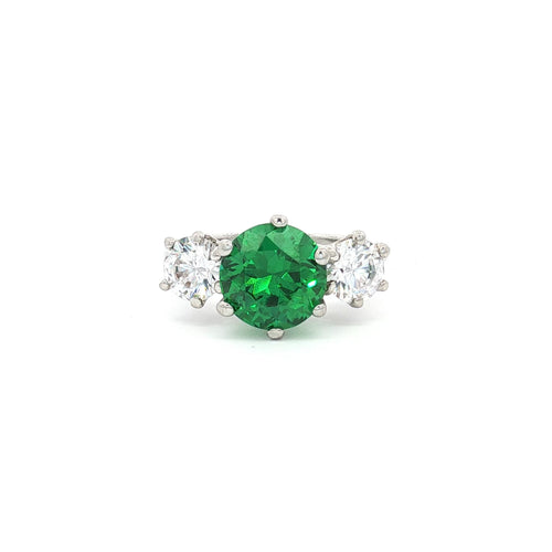 Large Three Stone Brilliant Cut Ring with Emerald Centre Stone