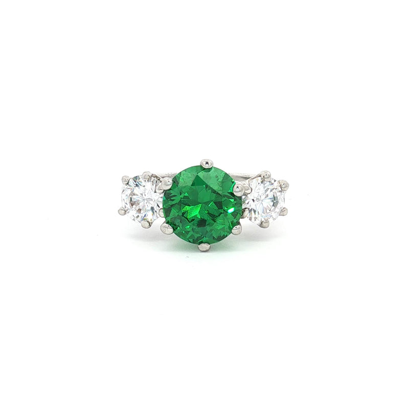 Large Three Stone Brilliant Cut Ring with Emerald Centre Stone