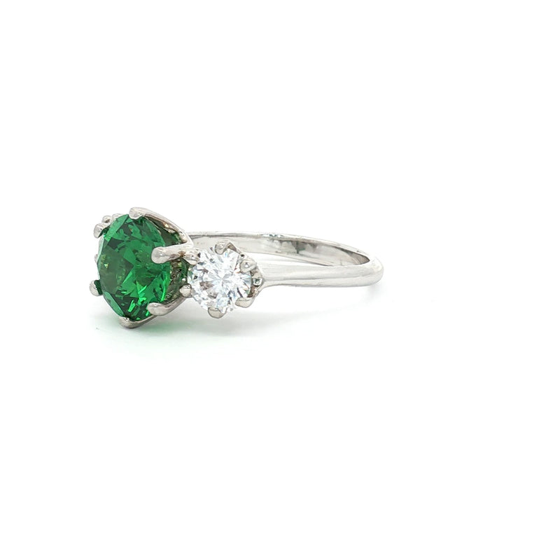 Large Three Stone Brilliant Cut Ring with Emerald Centre Stone