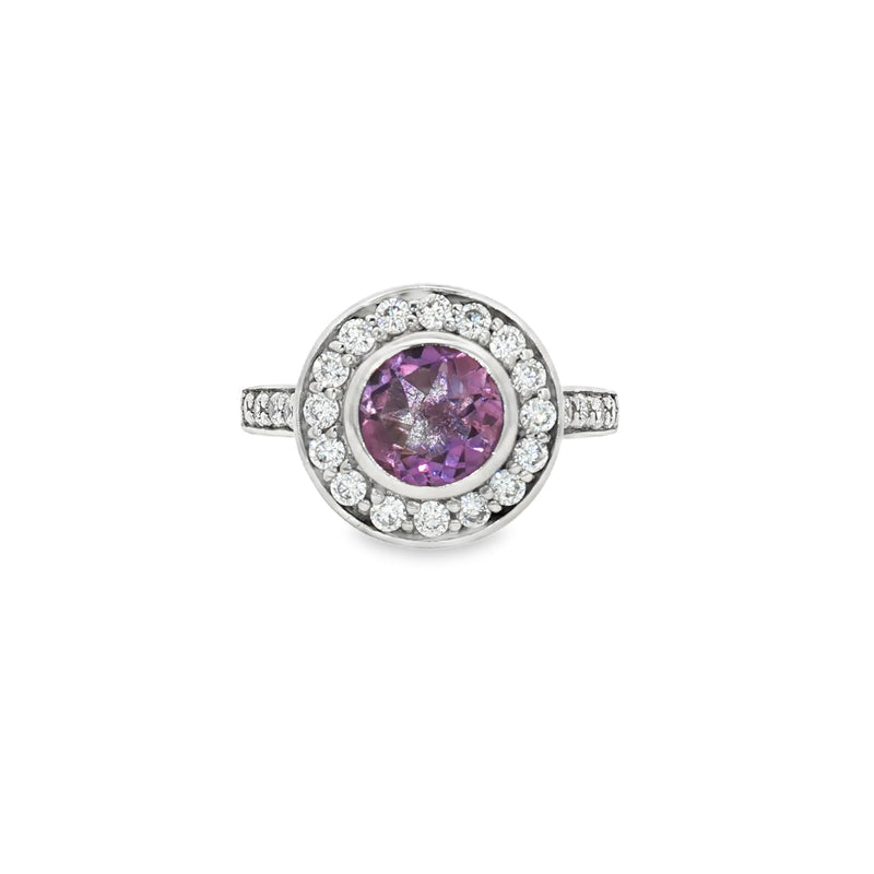 Brilliant Cut Bezel Set Halo Ring with Amethyst Centre Stone