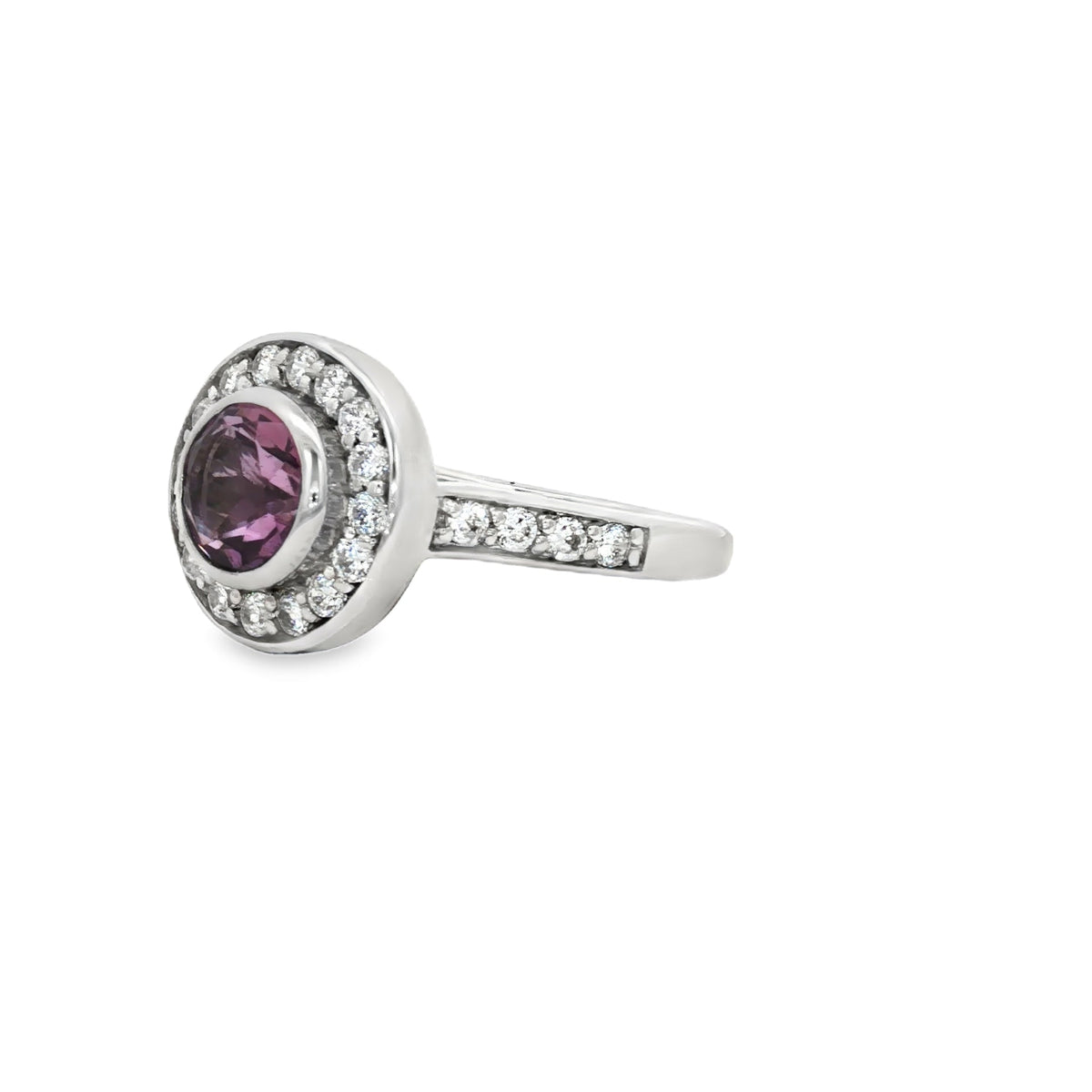 Brilliant Cut Bezel Set Halo Ring with Amethyst Centre Stone