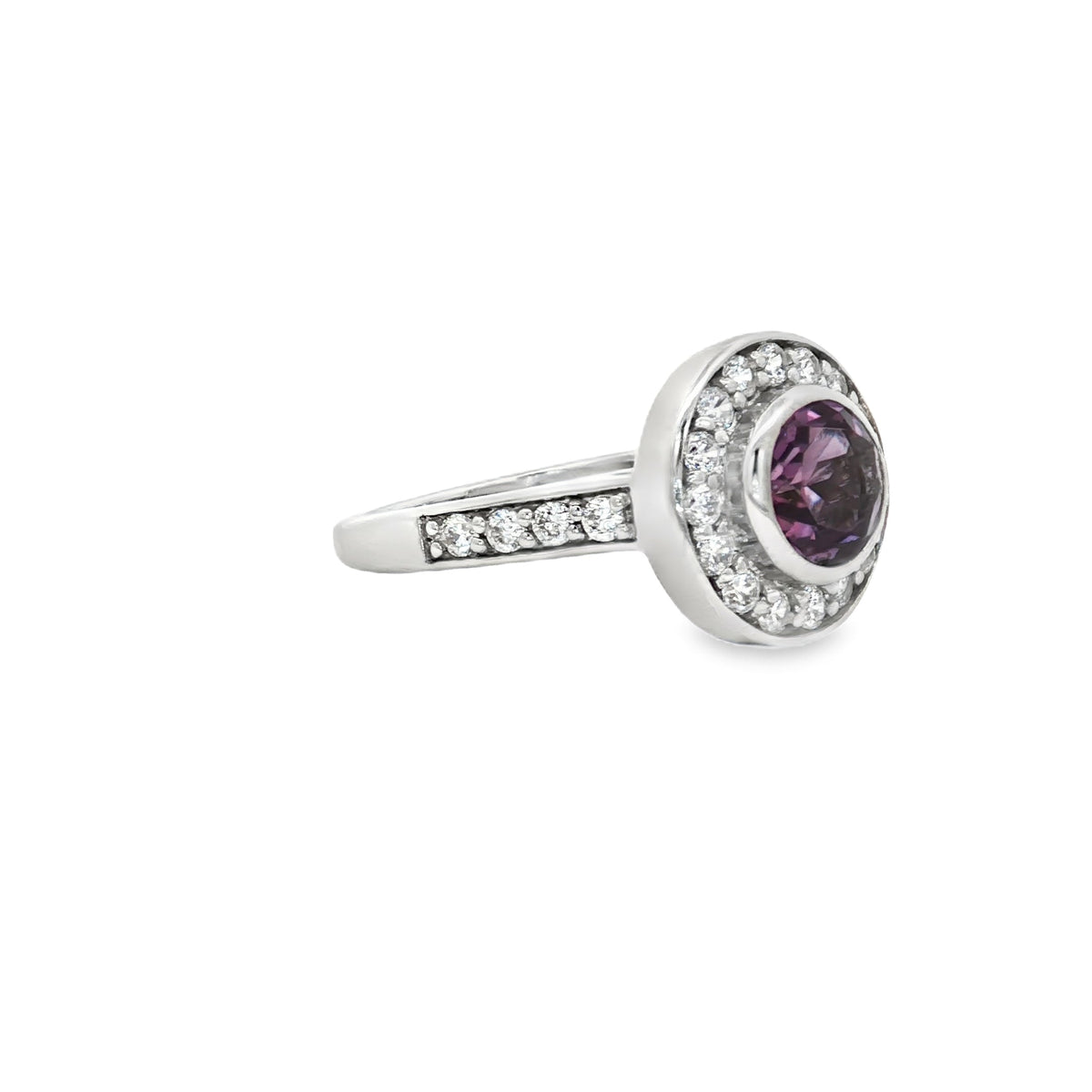 Brilliant Cut Bezel Set Halo Ring with Amethyst Centre Stone