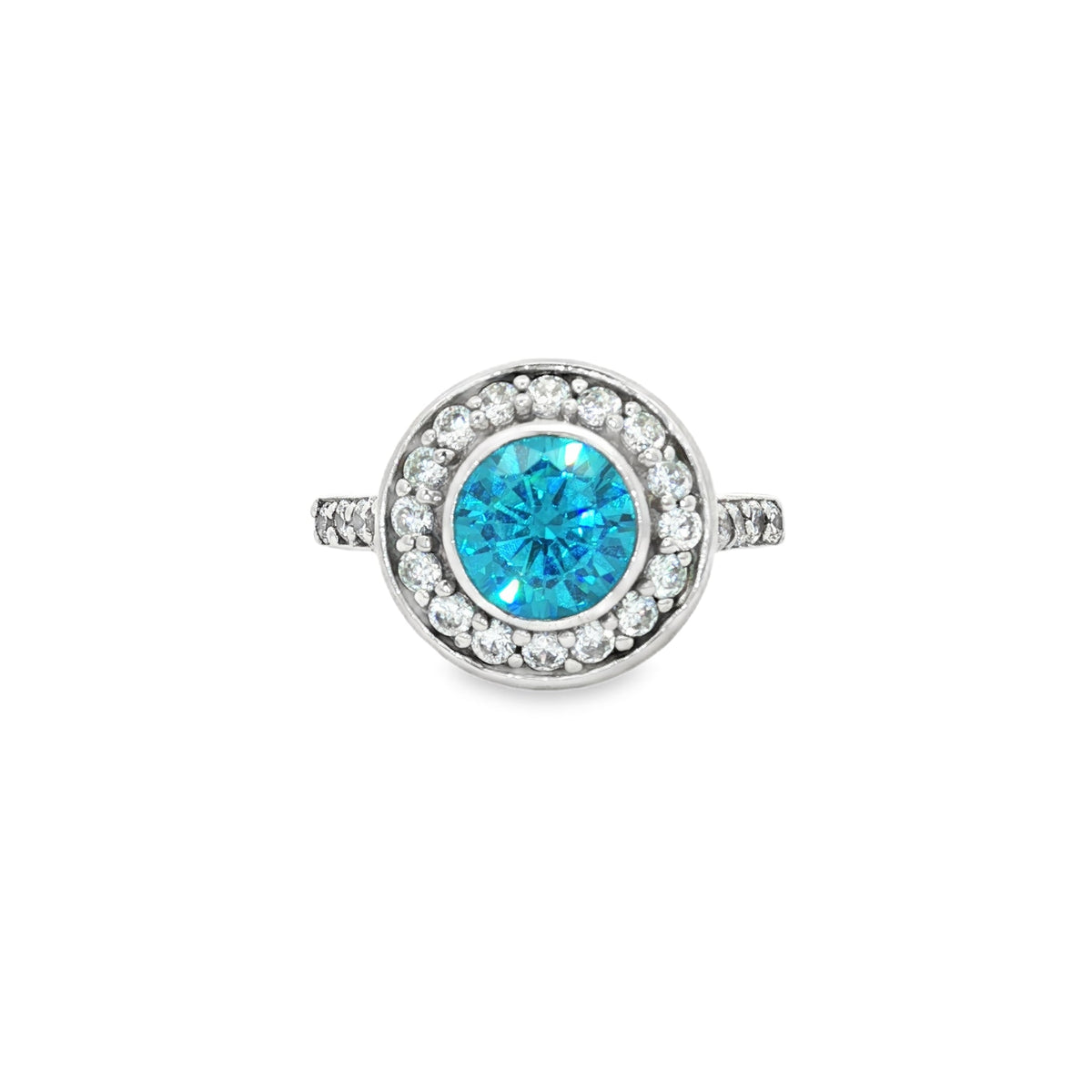Brilliant Cut Bezel Set Halo Ring with Blue Topaz Centre Stone
