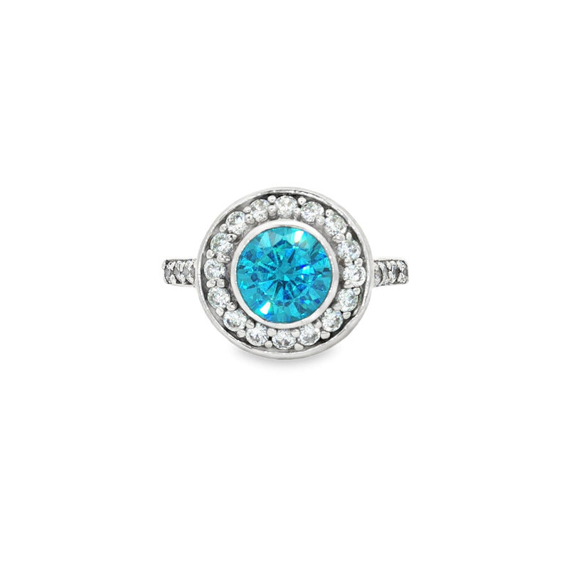 Brilliant Cut Bezel Set Halo Ring with Blue Topaz Centre Stone