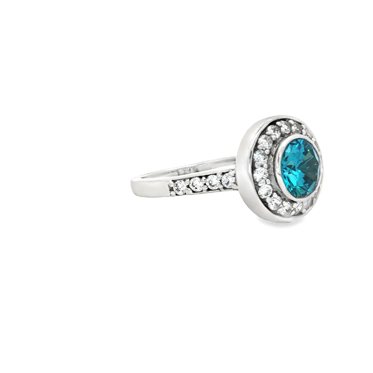 Brilliant Cut Bezel Set Halo Ring with Blue Topaz Centre Stone