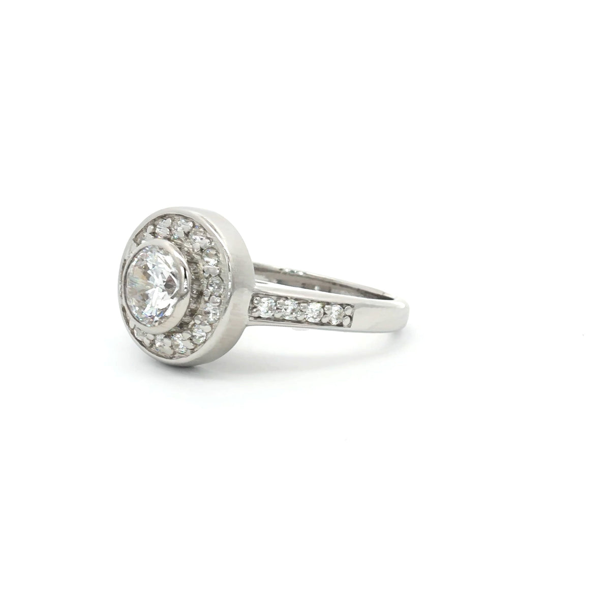 Petite Brilliant Cut Bezel Set Halo Ring