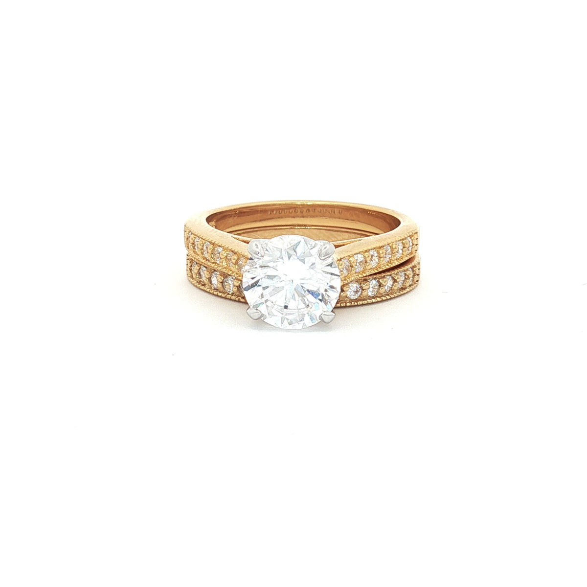 Brilliant Soliatire Ring with Milgrain Setting side Diamonds and Matching Half Eternity Band in Yellow