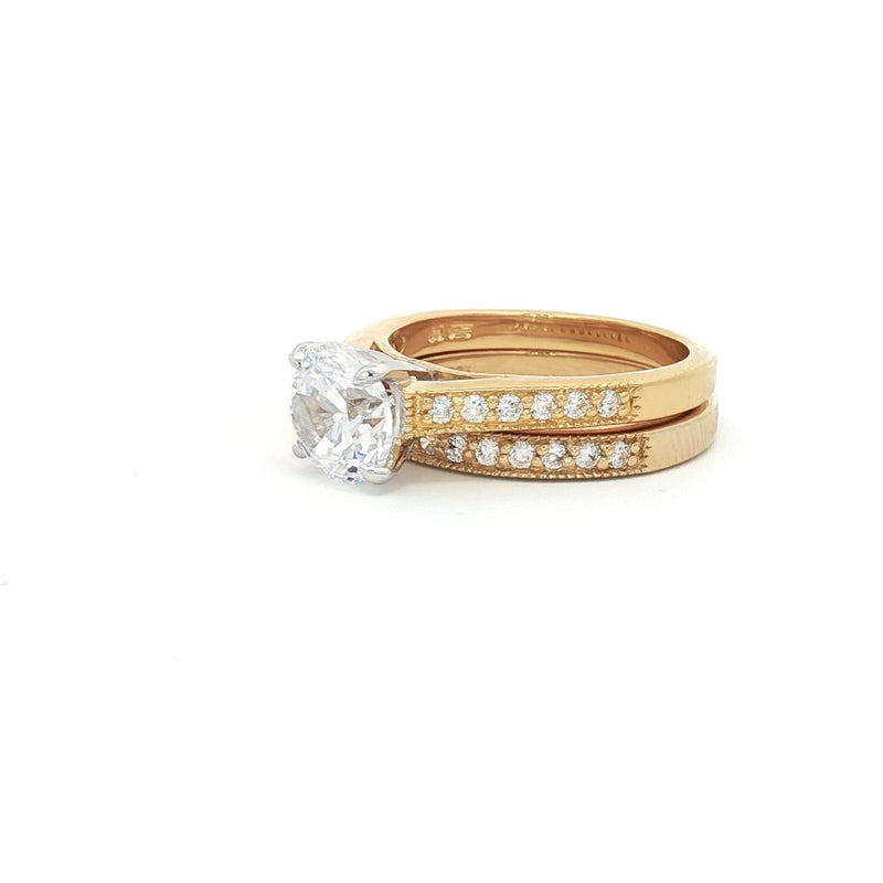 Brilliant Soliatire Ring with Milgrain Setting side Diamonds and Matching Half Eternity Band in Yellow