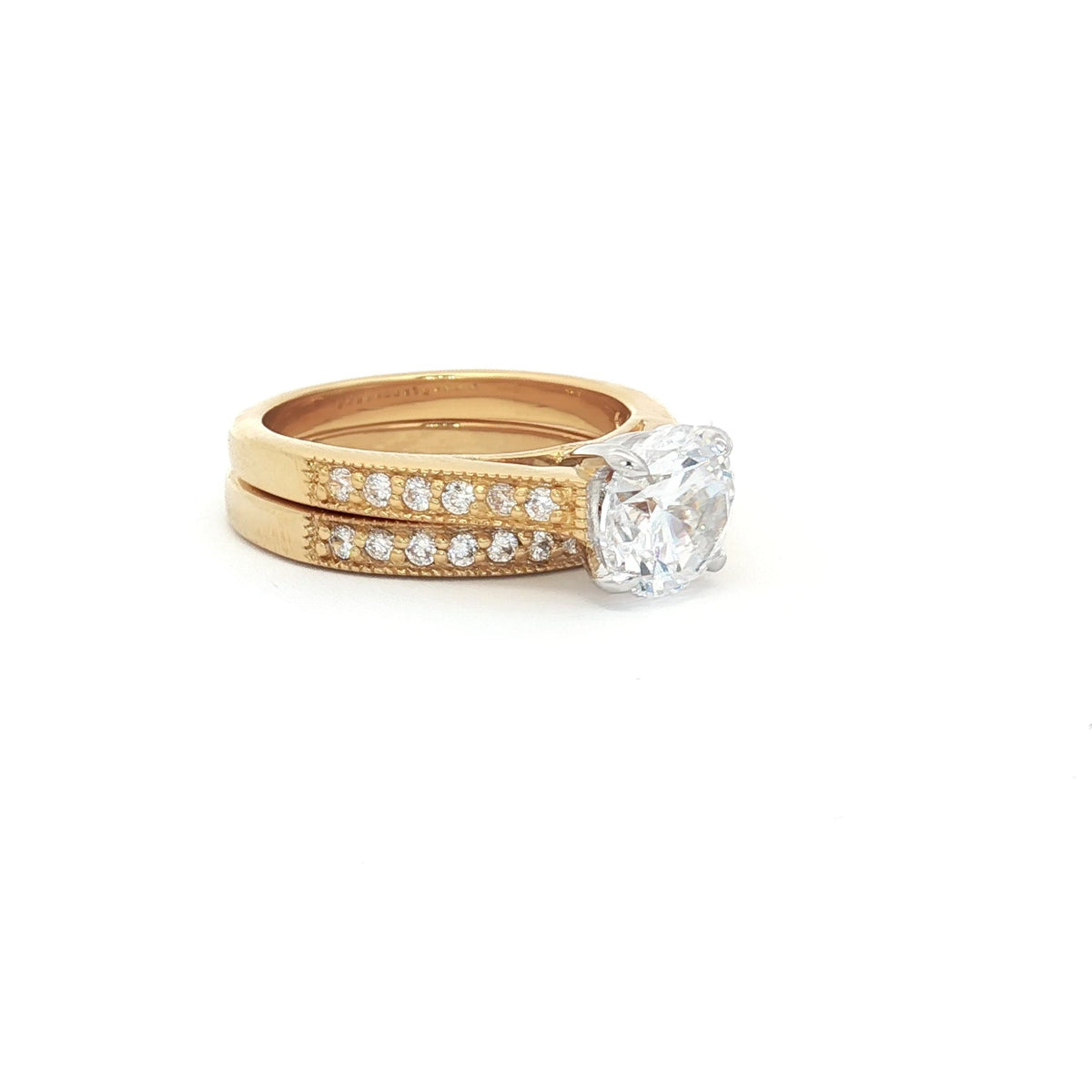 Brilliant Soliatire Ring with Milgrain Setting side Diamonds and Matching Half Eternity Band in Yellow