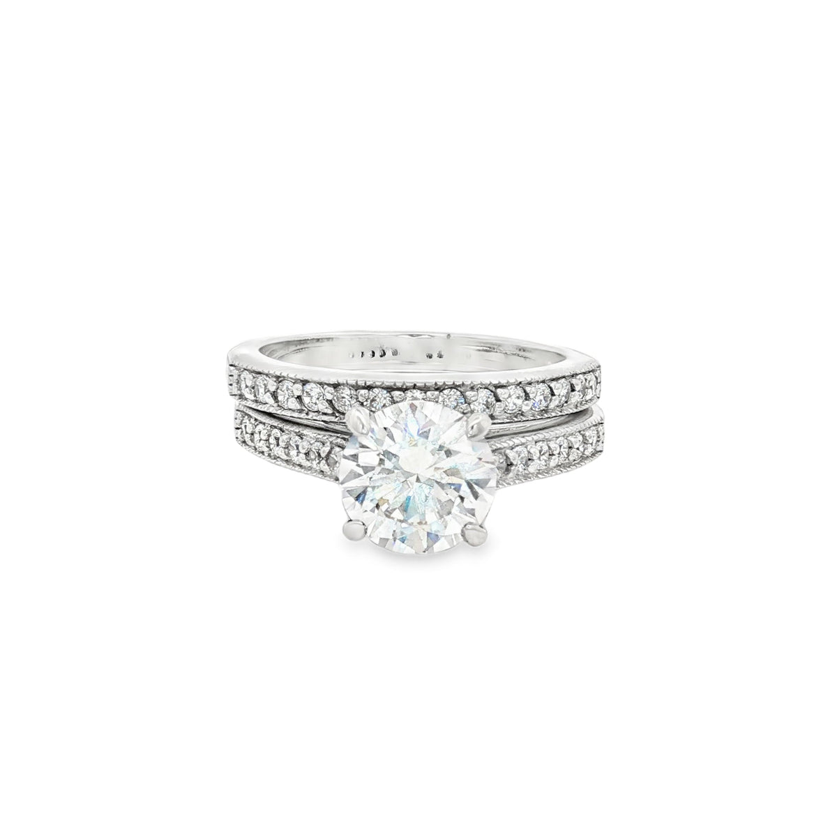 Brilliant Soliatire Ring with Milgrain Setting side Diamonds and Matching Half Eternity Band in Yellow