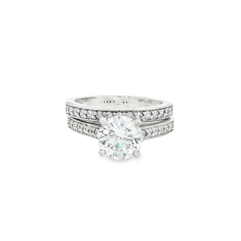 Brilliant Soliatire Ring with Milgrain Setting side Diamonds and Matching Half Eternity Band in Yellow