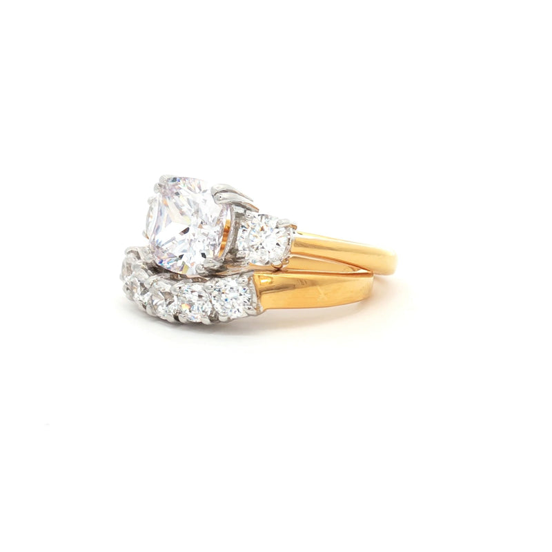 The Meghan Three Stone Ring and Five Stone Curved Band in Yellow