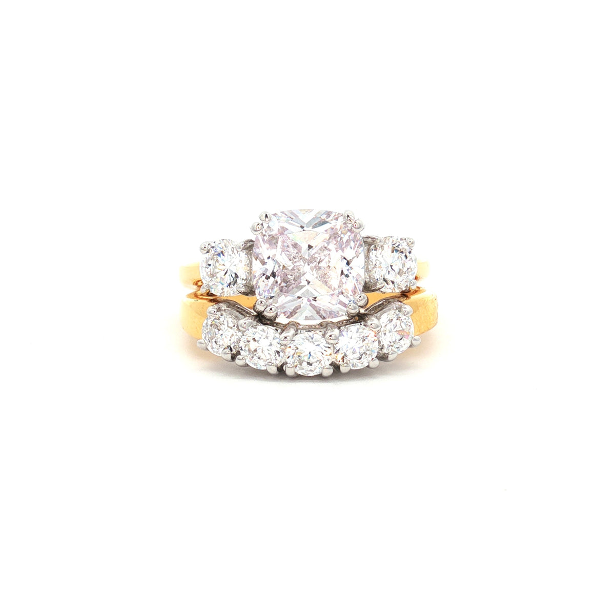 The Meghan Three Stone Ring and Five Stone Curved Band in Yellow