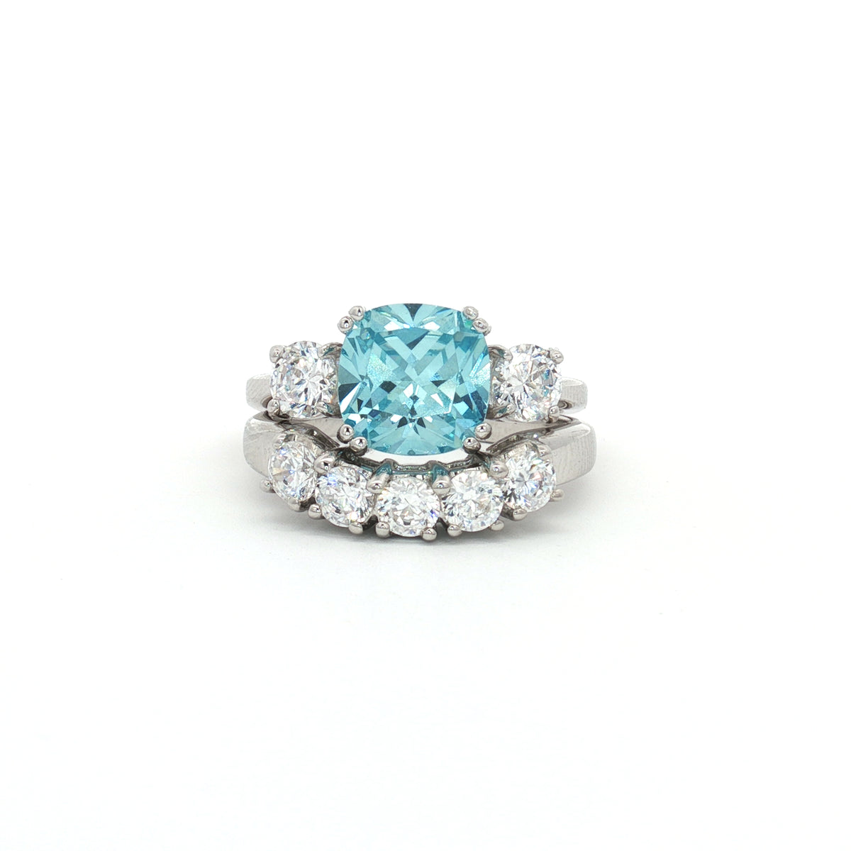 The Meghan Aqua Maine Three Stone Ring and Five Stone Curved Band