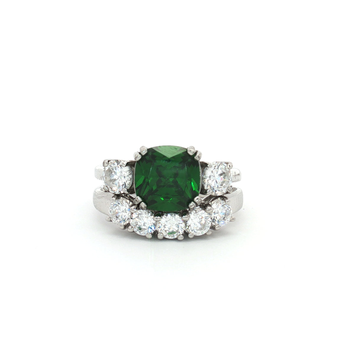 The Meghan Emerald Three Stone Ring and Five Stone Curved Band