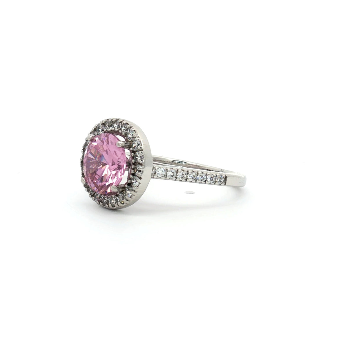 Classic Brilliant Cut Halo Ring with Pink Centre Stone