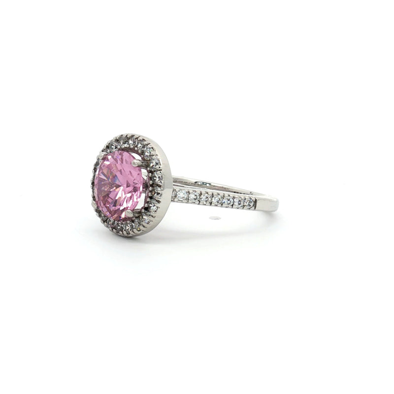 Classic Brilliant Cut Halo Ring with Pink Centre Stone