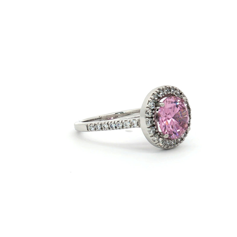 Classic Brilliant Cut Halo Ring with Pink Centre Stone