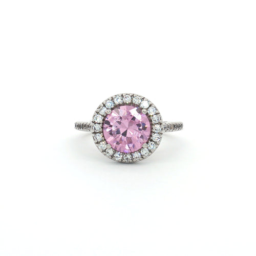 Classic Brilliant Cut Halo Ring with Pink Centre Stone