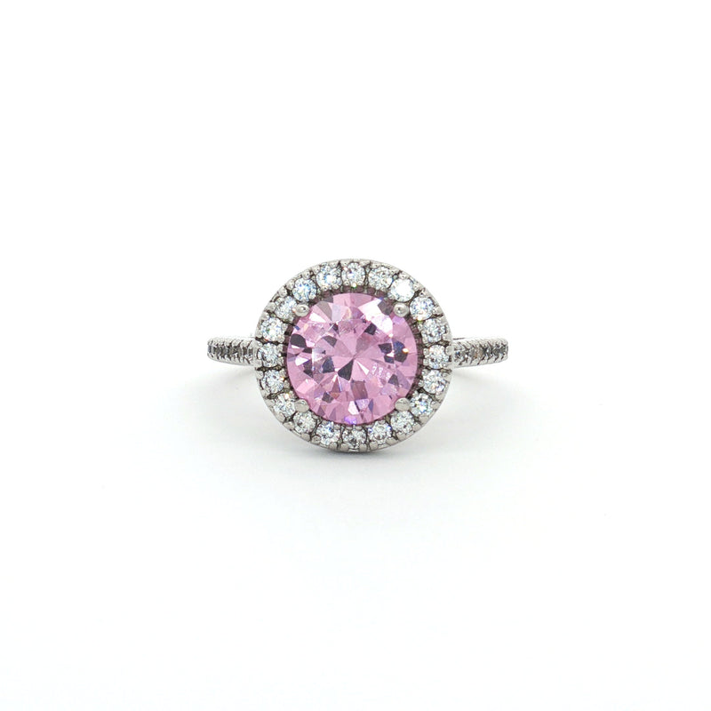 Classic Brilliant Cut Halo Ring with Pink Centre Stone