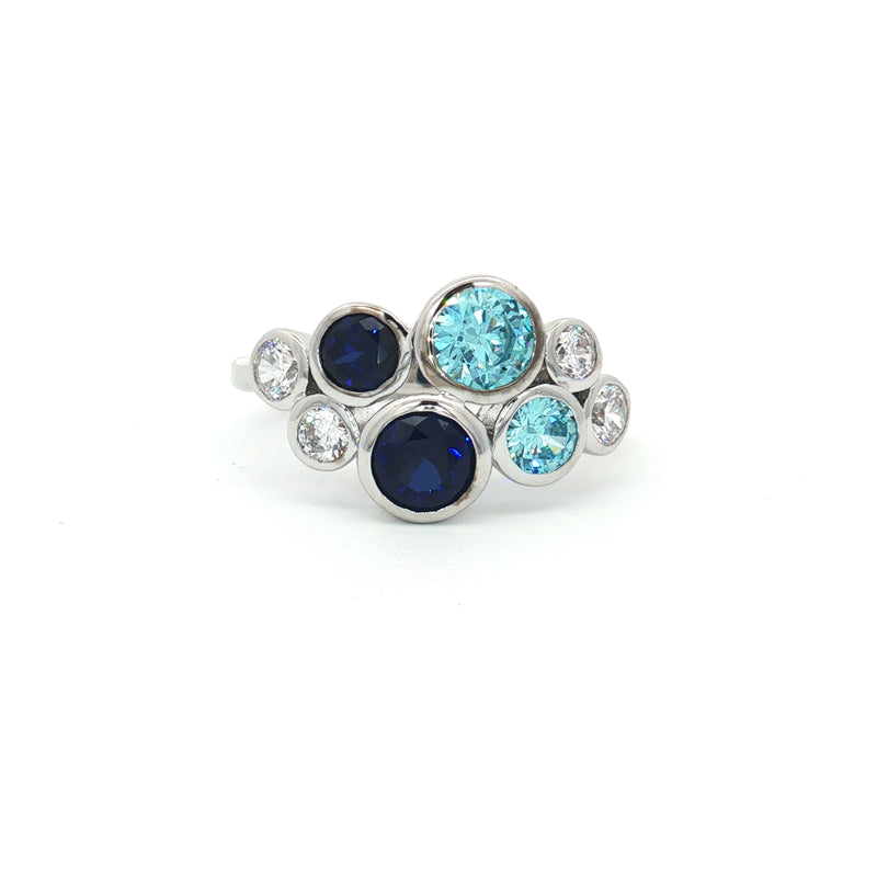 Eight Stone Bezel Bubble Ring with Sapphire and Aqua Marine Stones