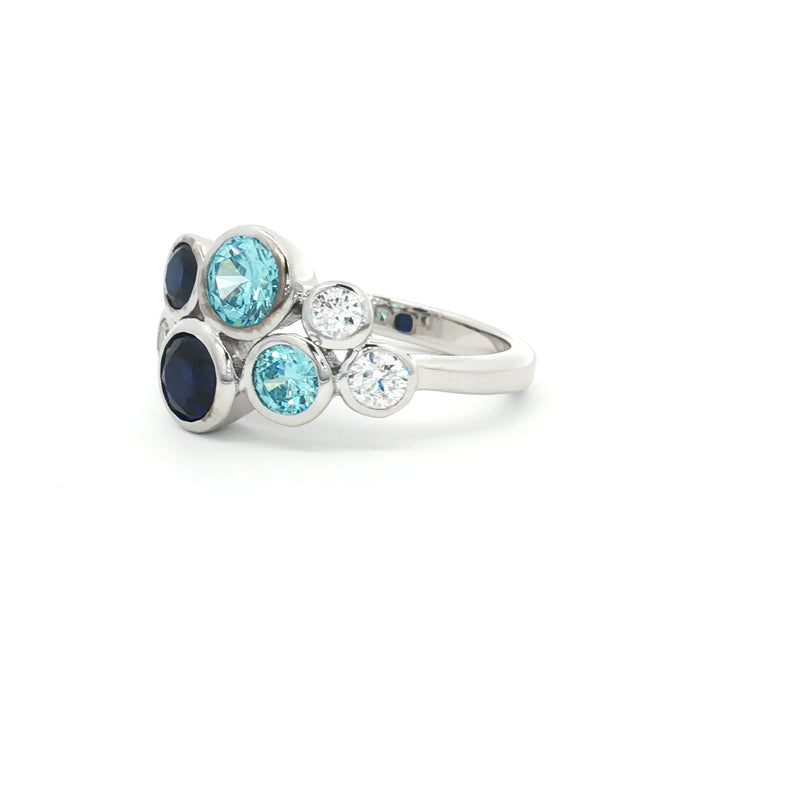 Eight Stone Bezel Bubble Ring with Sapphire and Aqua Marine Stones